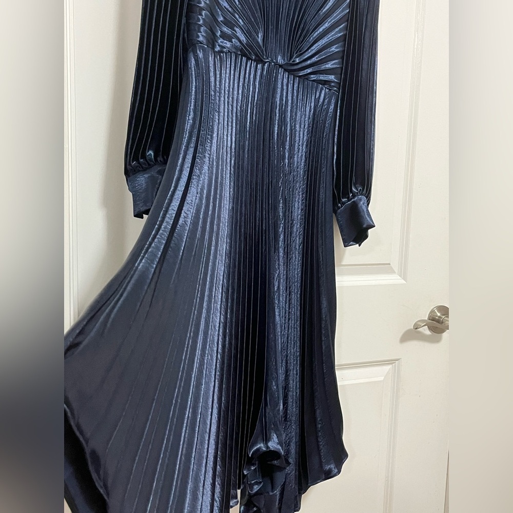 Sandro Paris Navy Pleated Satin Midi Dress Boat Neck V-Back EU 40 - Picture 8 of 13